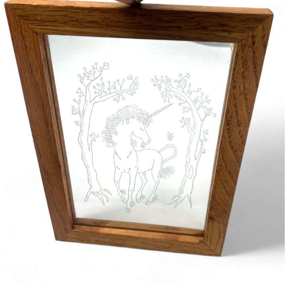VINTAGE 80's Unicorn on Clear Glass Framed Wall Art Picture 1980's